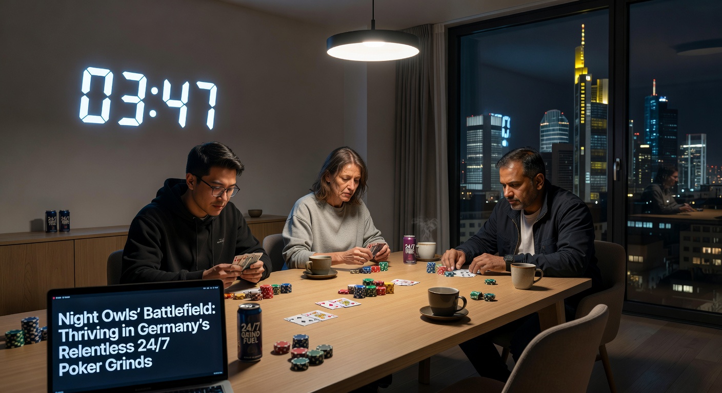 Gruppe von Poker-Nacht-Eulen in einem Home-Setup, mit mehreren Bildschirmen, Energy-Drinks und Strategie-Notizen, inmitten eines intensiven 24/7-Grinds