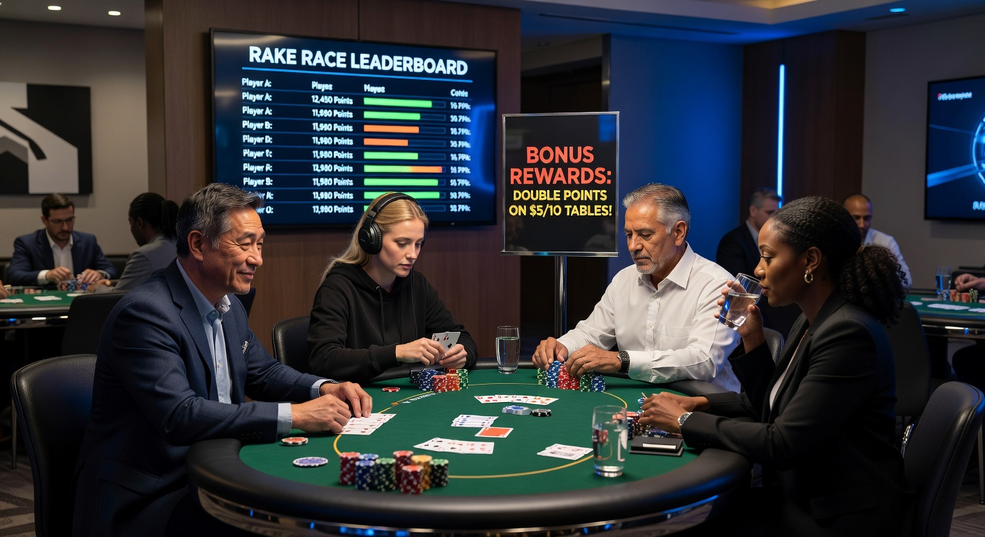Nahaufnahme eines Poker-Leaderboards mit Rake-Race-Standings und Preisen während einer Live-Session